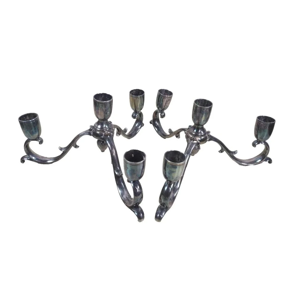 Vtg Pair Silver Plate Gothic Candelabras Candle Holders Patina Reed & Barton